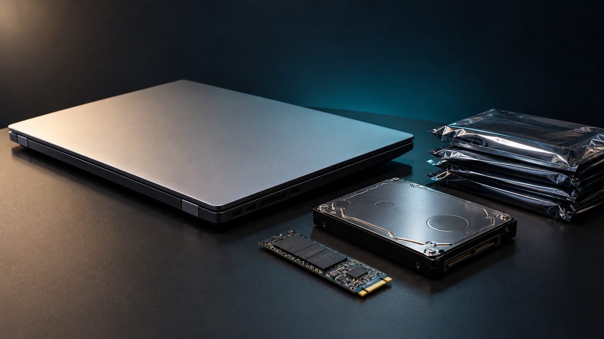 A retired business laptop, a hard disk drive, an M.2 SSD and anti-static bags on a dark surface