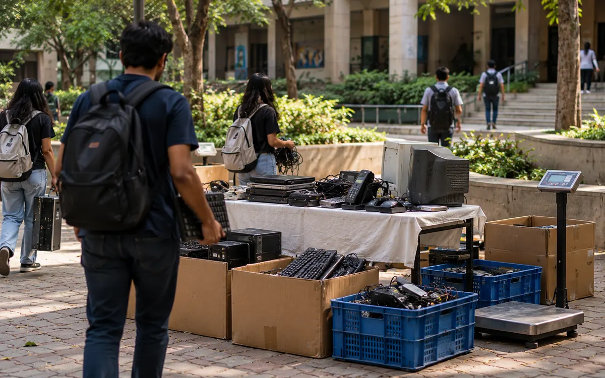 Students bringing old electronics to an e-waste collection desk on a college campus