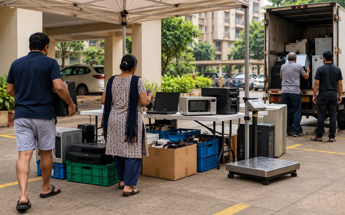 Residents handing over old electronics at a housing society e-waste collection point in Mumbai
