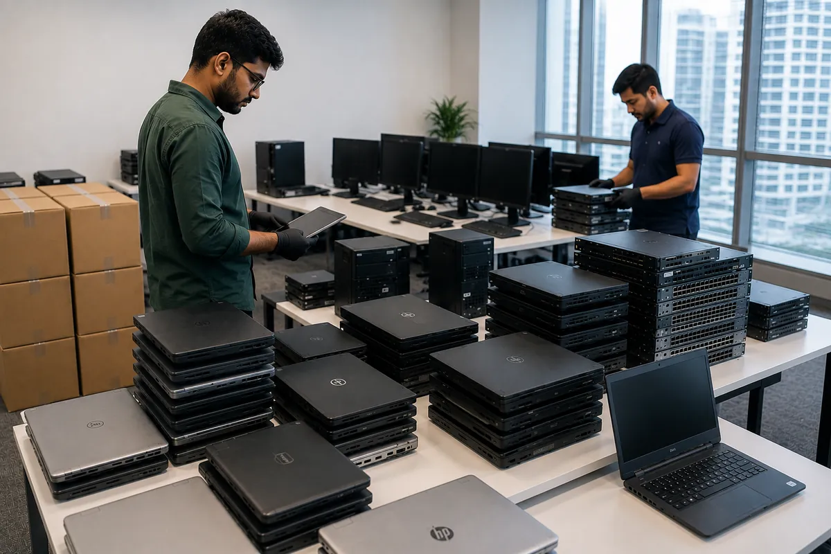 Retired laptops and desktops sorted for IT asset disposition