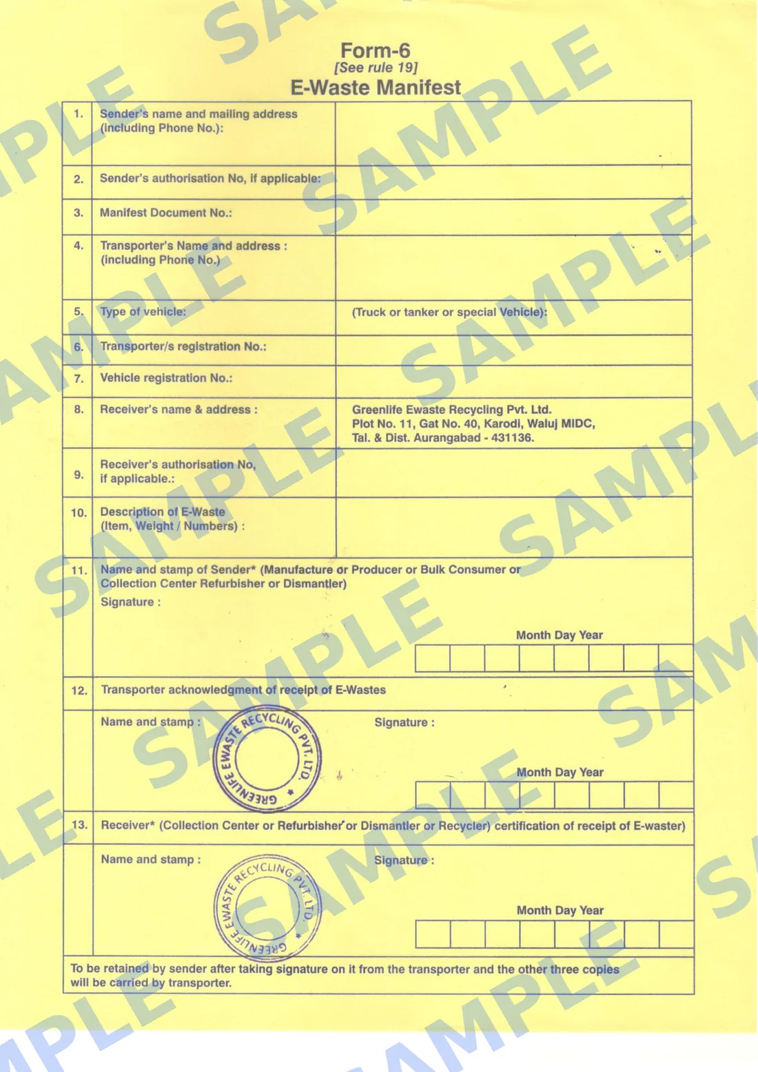 Sample Form-6 E-Waste Manifest