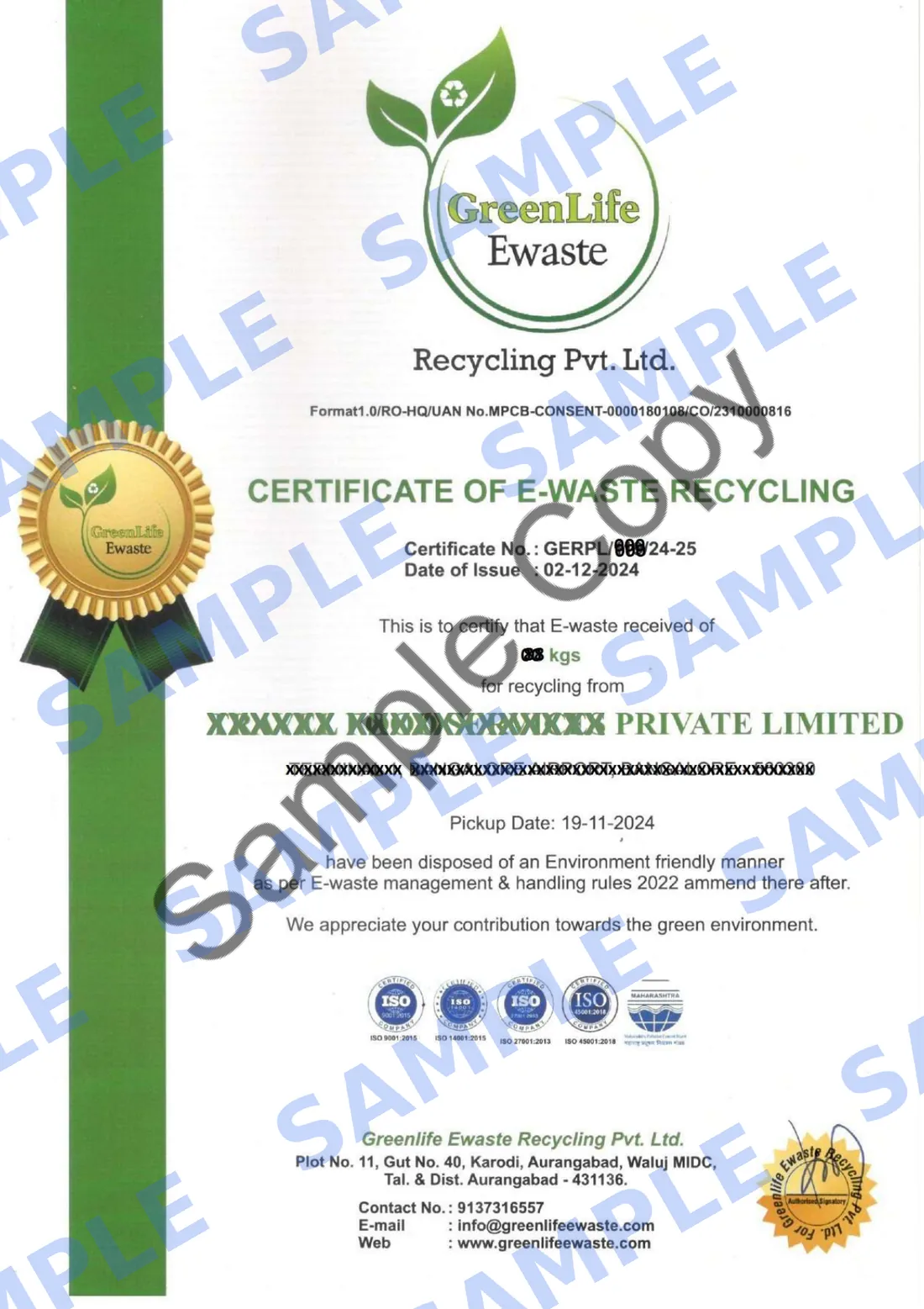 Sample Certificate of E-Waste Recycling