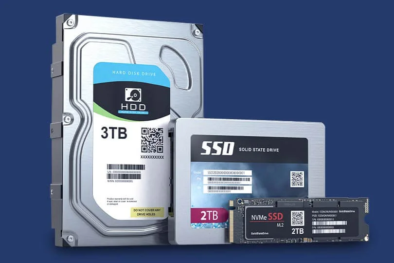Hard disk drive, 2.5-inch SSD and M.2 NVMe SSD side by side